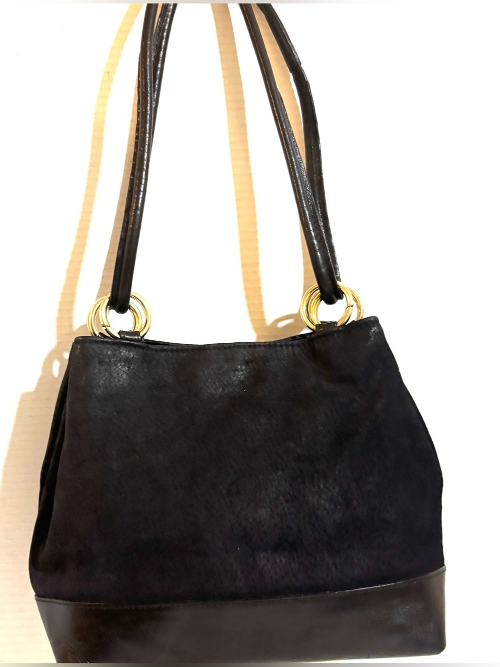 Classic Black suede & leather Shoulder Bag with Gold Ring Accents